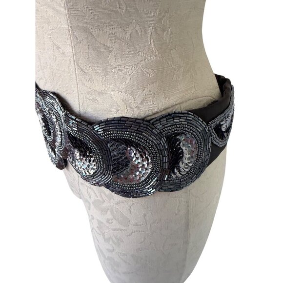 Michiko Womens Beaded Statement Belt Size M Dark Silver Scallop-shaped Vintage main image 6